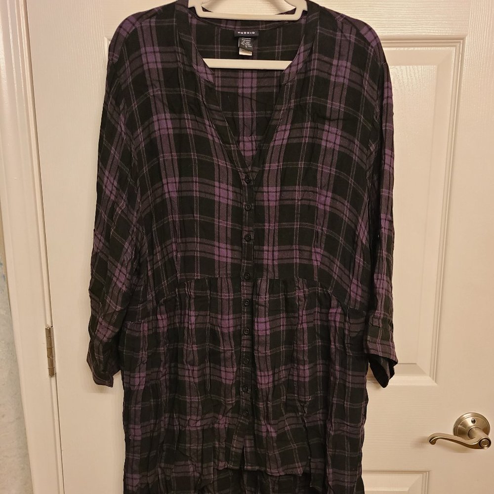 Torrid Black & Grey Plaid Button Front High-Low Tunic Top Plus Size 3